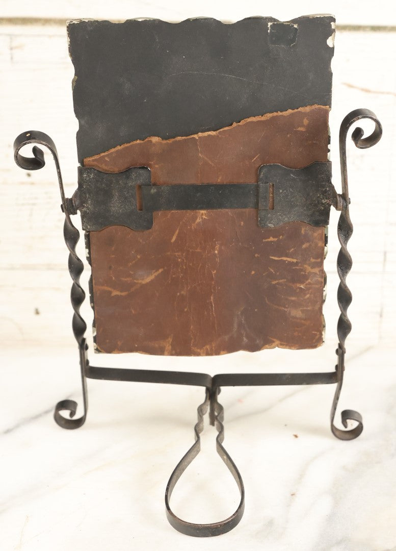 Lot 197 - Antique Chipped Glass Convertible Dresser Mirror, Free Stands On Kick Stand, Or Fold Kick Stand For Hand Holding, Note Wear