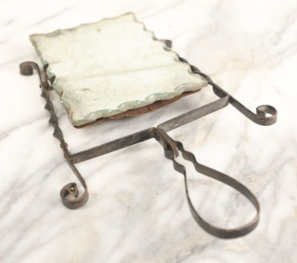 Lot 197 - Antique Chipped Glass Convertible Dresser Mirror, Free Stands On Kick Stand, Or Fold Kick Stand For Hand Holding, Note Wear