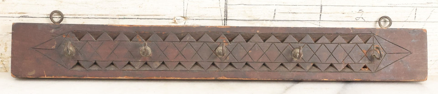 Lot 198 - Antique Folk Art Tramp Art Carved Key Holder With Five Hooks, Two Eye Hooks For Wall Mounting