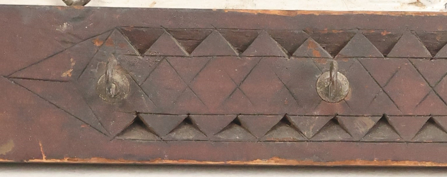 Lot 198 - Antique Folk Art Tramp Art Carved Key Holder With Five Hooks, Two Eye Hooks For Wall Mounting