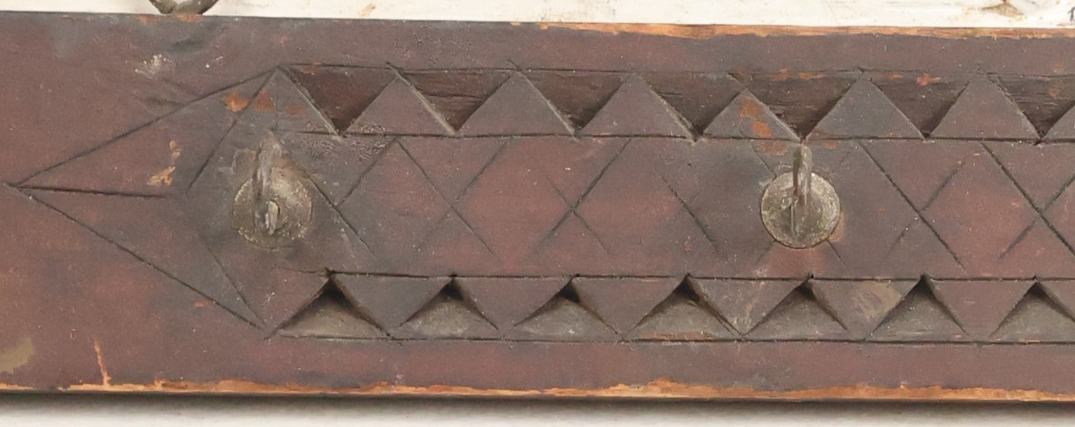 Lot 198 - Antique Folk Art Tramp Art Carved Key Holder With Five Hooks, Two Eye Hooks For Wall Mounting