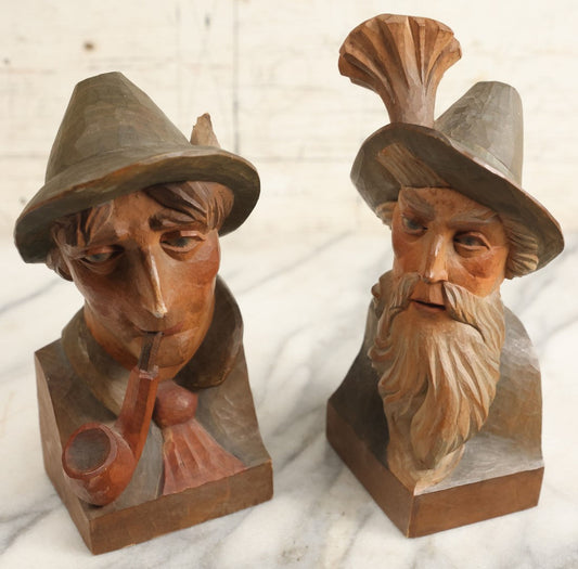 Lot 201 - Vintage German Folk Art Wood Carved Bookends, Man With Pipe, Man With Beard, Note Damage To Man With Pipe's Hat