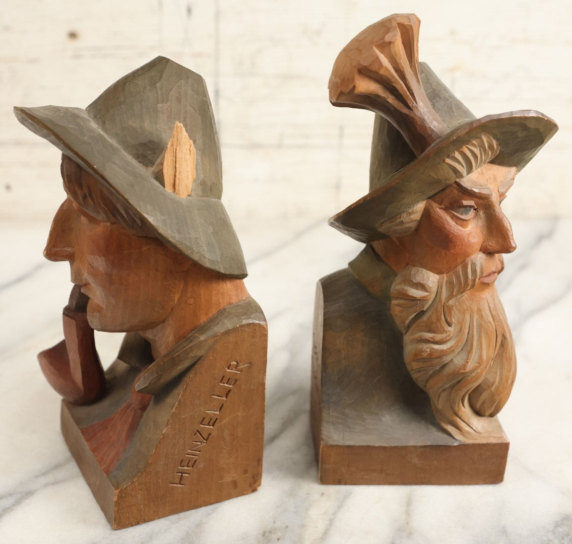 Lot 201 - Vintage German Folk Art Wood Carved Bookends, Man With Pipe, Man With Beard, Note Damage To Man With Pipe's Hat