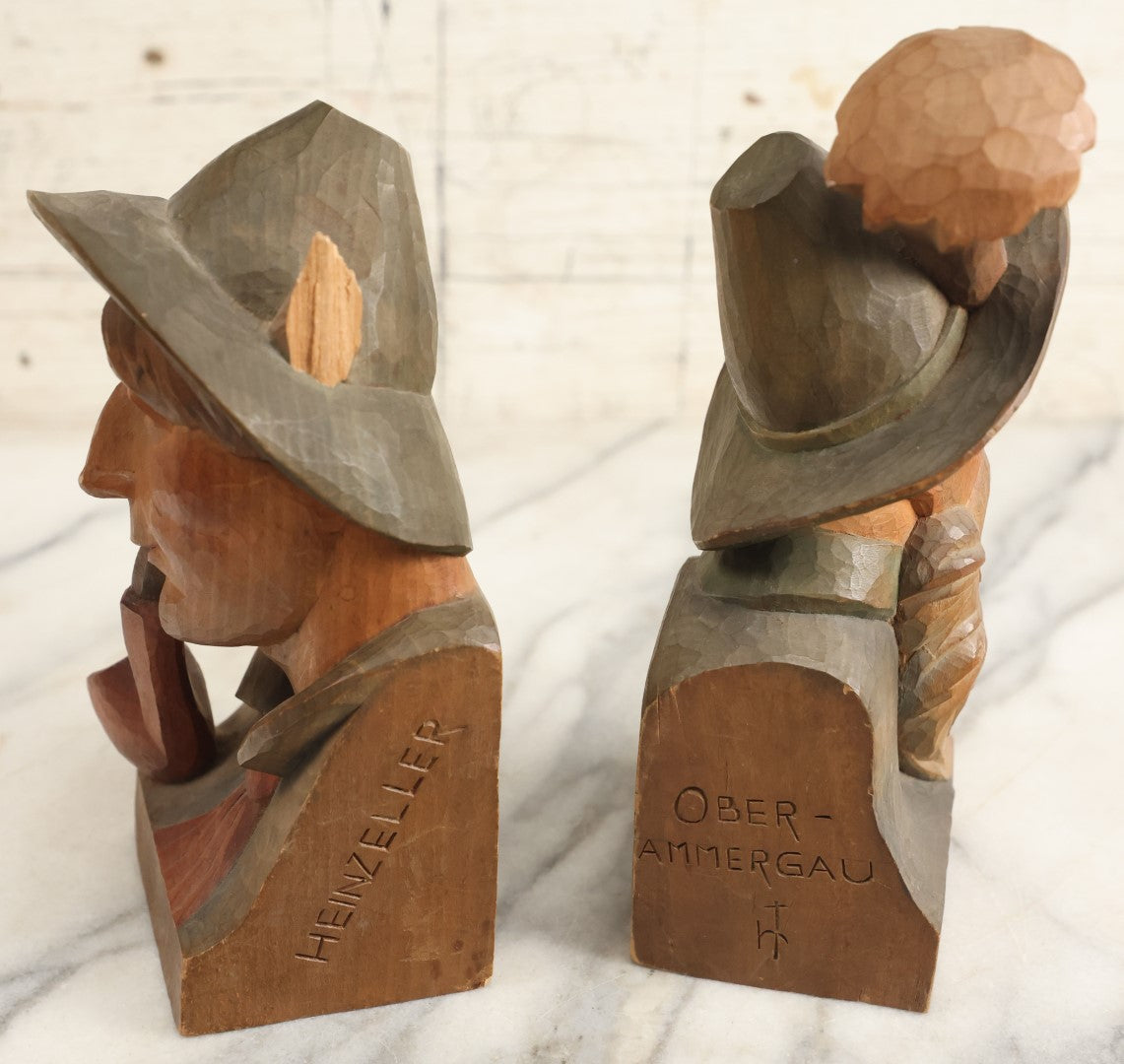 Lot 201 - Vintage German Folk Art Wood Carved Bookends, Man With Pipe, Man With Beard, Note Damage To Man With Pipe's Hat