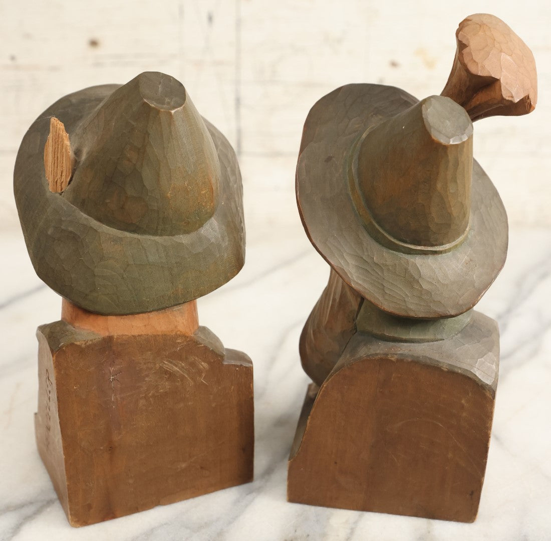 Lot 201 - Vintage German Folk Art Wood Carved Bookends, Man With Pipe, Man With Beard, Note Damage To Man With Pipe's Hat