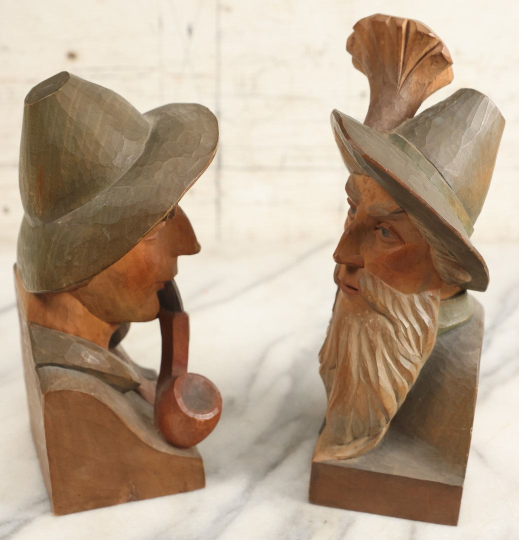 Lot 201 - Vintage German Folk Art Wood Carved Bookends, Man With Pipe, Man With Beard, Note Damage To Man With Pipe's Hat