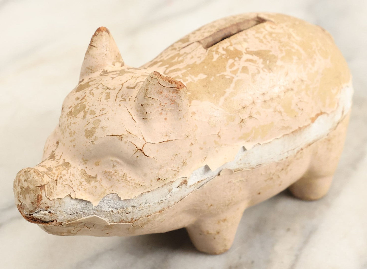 Lot 202 - Composition Piggy Bank Mostly Full With Coins, Unknown Coins, Unopened, Made In U.S.A, Poor Condition