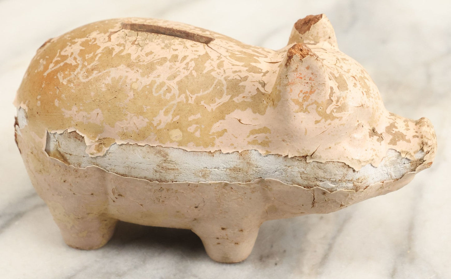 Lot 202 - Composition Piggy Bank Mostly Full With Coins, Unknown Coins, Unopened, Made In U.S.A, Poor Condition