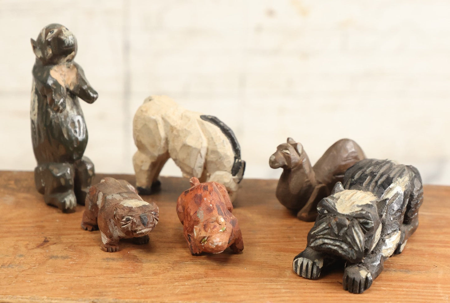 Lot 207 - Grouping Of Six Hand Carved Folk Art Painted Wooden Animals, Including Dogs, Goat, Camel, And More, Note Damage, Losses