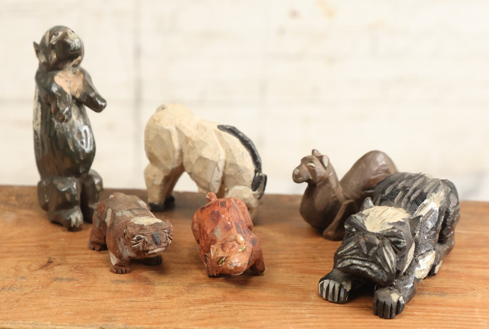 Lot 207 - Grouping Of Six Hand Carved Folk Art Painted Wooden Animals, Including Dogs, Goat, Camel, And More, Note Damage, Losses