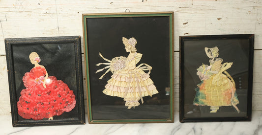 Lot 209 - Grouping Of Three Vintage Framed Ribbon Ladies, Including Woman In Red Made Of Faux Flower Petals, Two Yellow Ladies, Real Fabric, Etc, One Lot, One Money