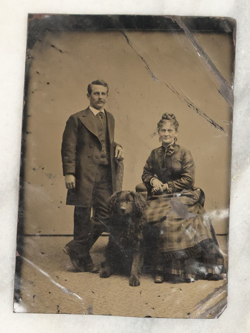 Lot 021 - Single Antique Tintype Photograph Of A Couple And Their Curly Haired Black Dog Seated Between Them, Note Bends, Creases