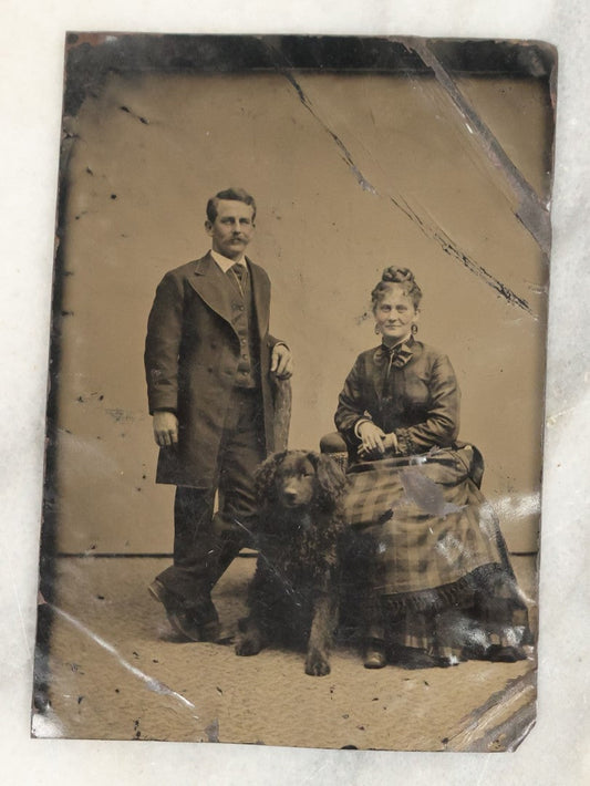 Lot 021 - Single Antique Tintype Photograph Of A Couple And Their Curly Haired Black Dog Seated Between Them, Note Bends, Creases