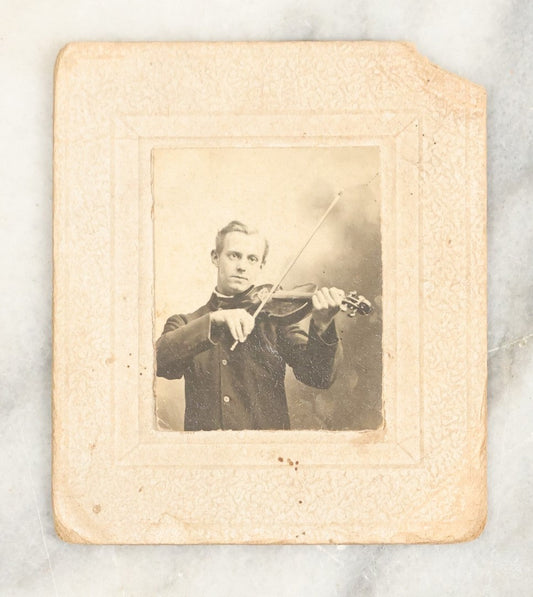 Lot 022 - Single Antique Boarded Photo Of A Man Playing The Violin With Personal Note On Verso, "For Alice And Agnes, Working For Jesus, Your Loving Brother, Henry," Note Corner Loss