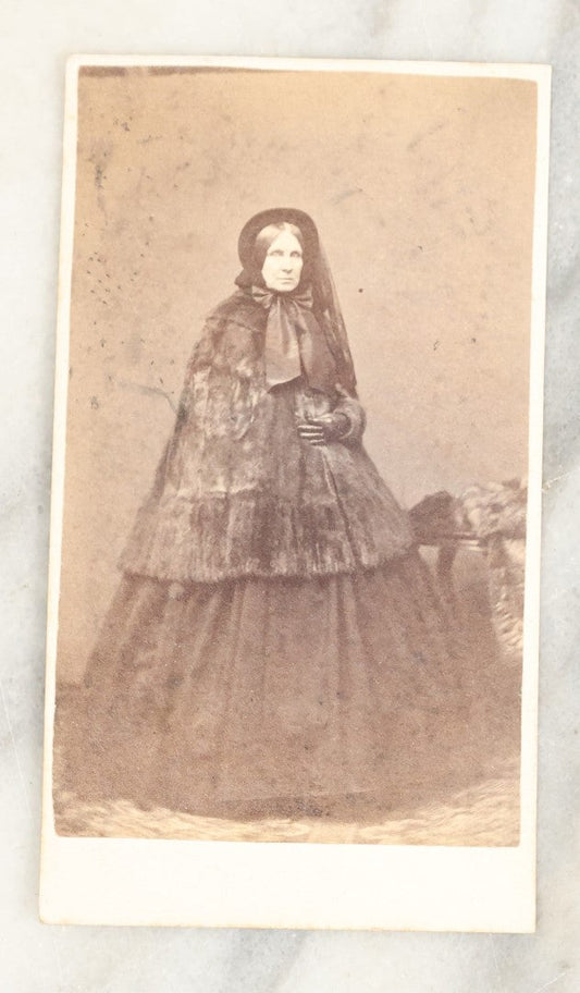 Lot 024 - Single Antique Carte De Visite C.D.V. Photograph Of An Elder Victorian Woman In Extravagant Dark Clothing, Possibly In Mourning, With Cape, Shawl, Bonnet, And Veil, Identified On Verso, Allen & Horton, Photographers, Boston