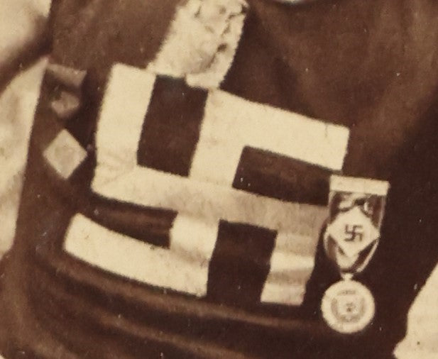 Lot 028 - Antique Cabinet Card Photograph Of A Late 19th Century Athlete, Likely Track And Field, Wearing A Shit And Badges With A Swastika "Whirling Logs" Good Luck Insignia, T.H. Pickles, Photographer, East Cambridge, Massachusetts, See Notes