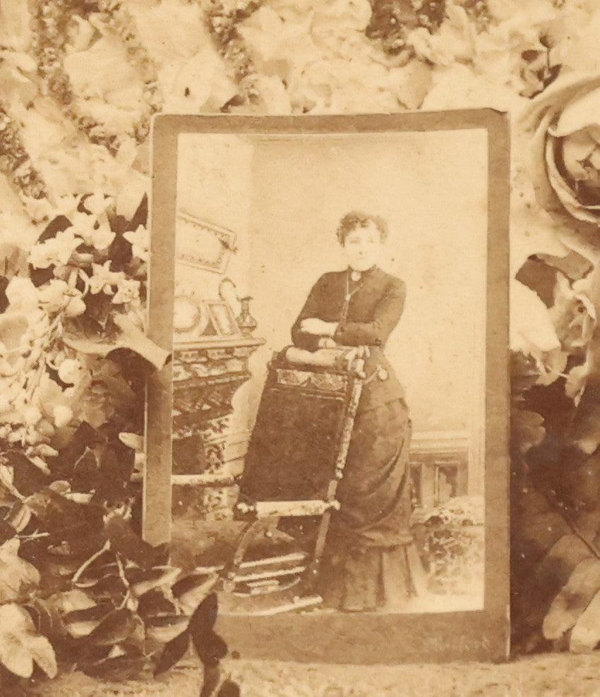 Lot 029 - Antique Cabinet Card Photograph Of A Funeral Flower Arrangement With Picture-In-Picture P.I.P. Of Decedent's Cabinet Card, Flower Arrangement Spells "Shopmate," Willis, Photographer, Milford, Massachusetts