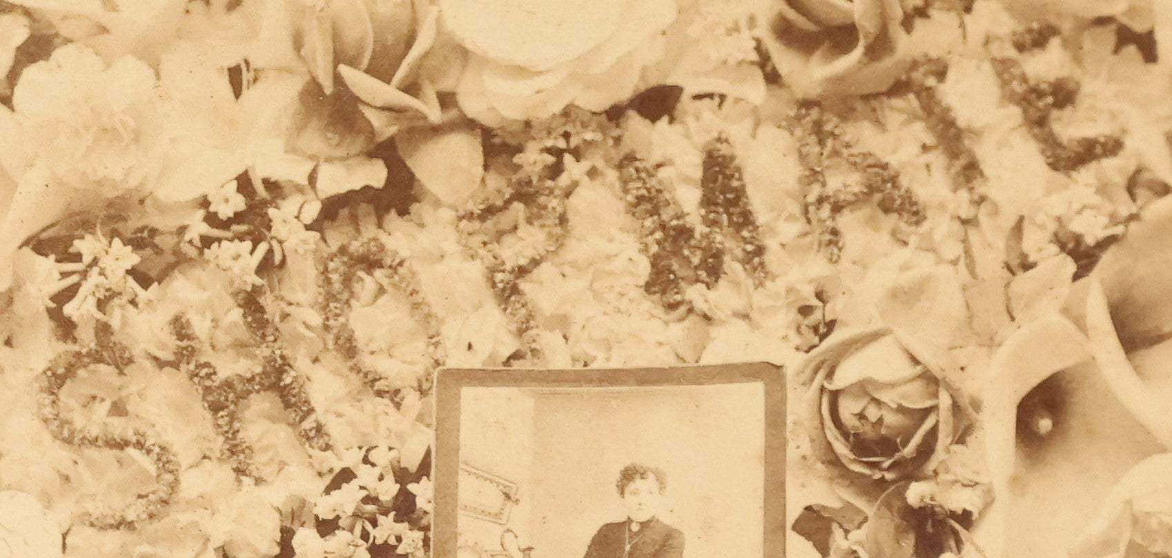 Lot 029 - Antique Cabinet Card Photograph Of A Funeral Flower Arrangement With Picture-In-Picture P.I.P. Of Decedent's Cabinet Card, Flower Arrangement Spells "Shopmate," Willis, Photographer, Milford, Massachusetts