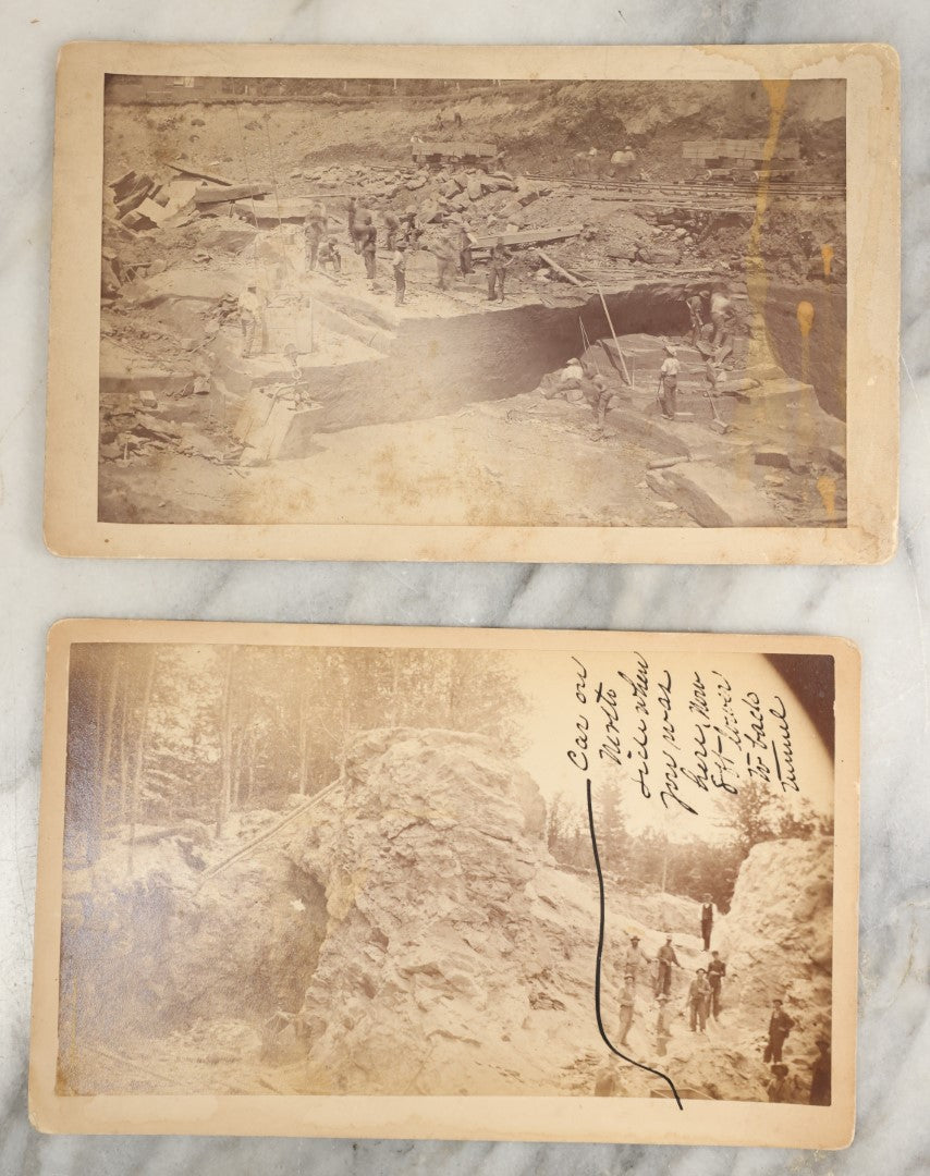 Lot 031 - Pair Of Antique Large Size Occupational Cabinet Card Photographs Depicting Quarrymen At Work, Verso Marked N.E. Brown Stone Quarry Co.