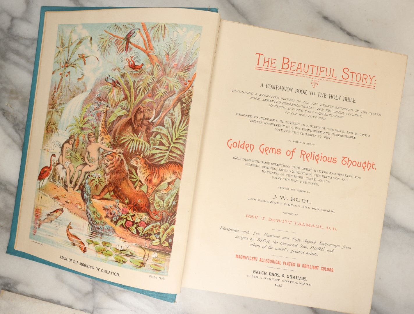 Lot 041 - "The Beautiful Story: Golden Gems Of Religious Thought" Antique Book Written And Edited By J.W. Buel, A Companion Book To The Bible, Illustrated With 250 Engravings From Bida, Dore, And Others, Balch Bros & Graham Publishers, Boston, 1888