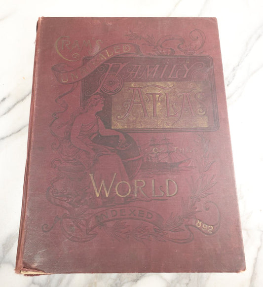 Lot 043 - "Cram's Unrivaled Family Atlas Of The World, Indexed, 1892" Antique Atlas Book Of Maps Including Many Full Color Diagrams And Statistics