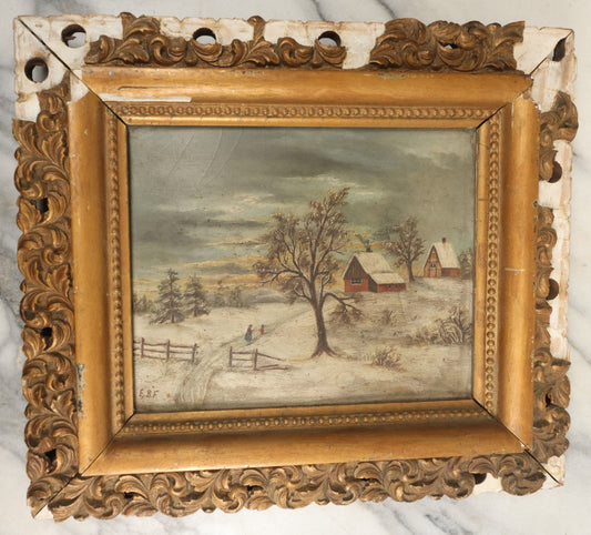 Lot 047 - Antique Oil On Board Landscape Country Winter Scene Painting Of A Farmhouse And Barn, People Walking Up Drive, Artist Signed E.B.F., Note Warping To Board, Losses To Frame Gesso