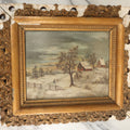 Lot 047 - Antique Oil On Board Landscape Country Winter Scene Painting Of A Farmhouse And Barn, People Walking Up Drive, Artist Signed E.B.F., Note Warping To Board, Losses To Frame Gesso