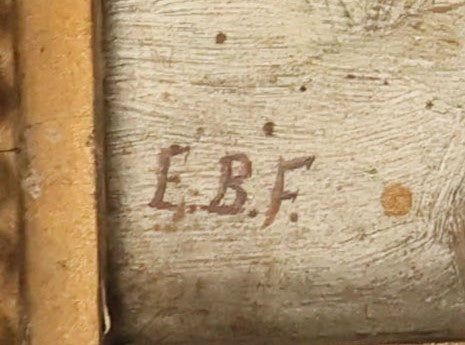 Lot 047 - Antique Oil On Board Landscape Country Winter Scene Painting Of A Farmhouse And Barn, People Walking Up Drive, Artist Signed E.B.F., Note Warping To Board, Losses To Frame Gesso