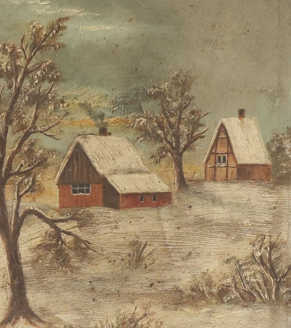 Lot 047 - Antique Oil On Board Landscape Country Winter Scene Painting Of A Farmhouse And Barn, People Walking Up Drive, Artist Signed E.B.F., Note Warping To Board, Losses To Frame Gesso