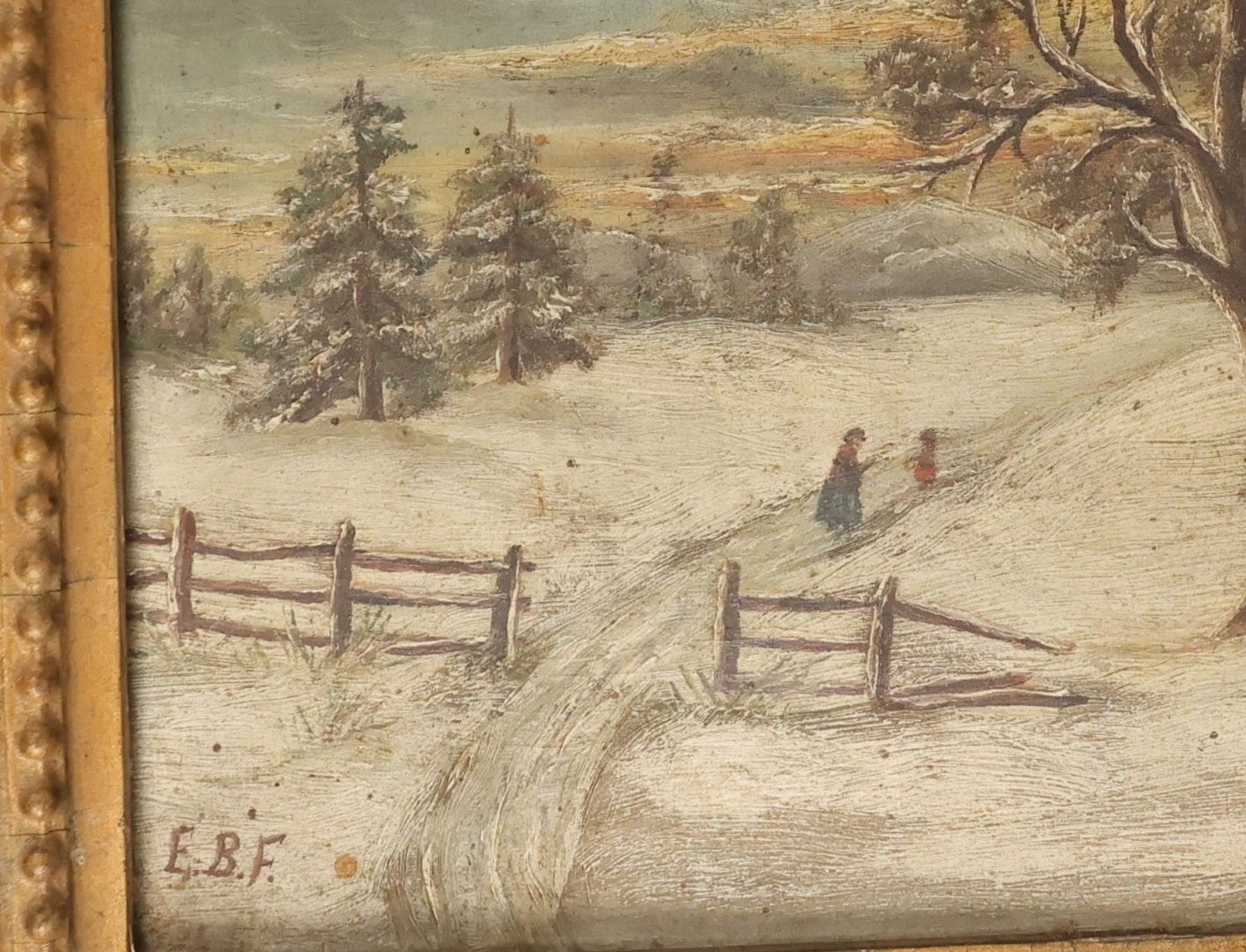 Lot 047 - Antique Oil On Board Landscape Country Winter Scene Painting Of A Farmhouse And Barn, People Walking Up Drive, Artist Signed E.B.F., Note Warping To Board, Losses To Frame Gesso