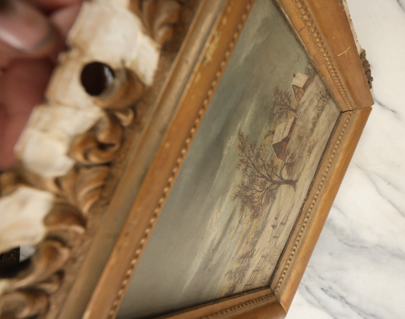 Lot 047 - Antique Oil On Board Landscape Country Winter Scene Painting Of A Farmhouse And Barn, People Walking Up Drive, Artist Signed E.B.F., Note Warping To Board, Losses To Frame Gesso