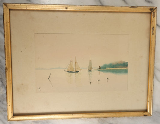 Lot 049 - Antique Nautical Watercolor Painting Of Sailboats In A A Harbor, Birds On The Water, Beach, Artist Monogrammed, In Frame Behind Glass