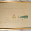 Lot 049 - Antique Nautical Watercolor Painting Of Sailboats In A A Harbor, Birds On The Water, Beach, Artist Monogrammed, In Frame Behind Glass