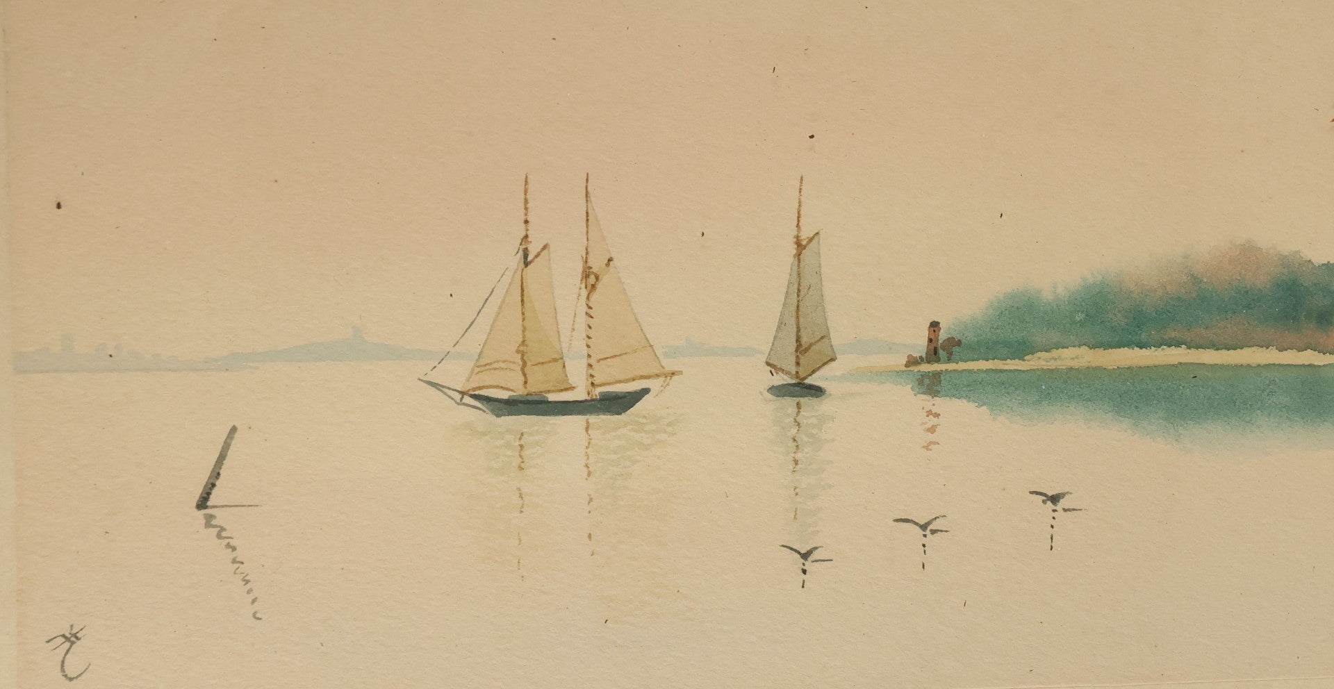 Lot 049 - Antique Nautical Watercolor Painting Of Sailboats In A A Harbor, Birds On The Water, Beach, Artist Monogrammed, In Frame Behind Glass