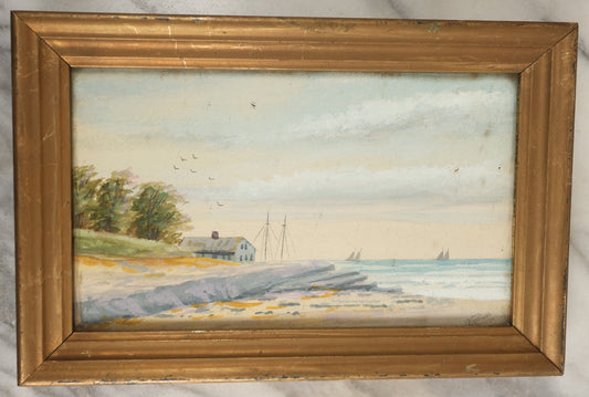 Lot 050 - Vintage Nautical Watercolor Painting Of A Harbor Scene, Beach, With Sailboats In The Distance, Blue House, Trees, Artist Signed Kimball, In Frame Behind Glass