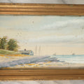 Lot 050 - Vintage Nautical Watercolor Painting Of A Harbor Scene, Beach, With Sailboats In The Distance, Blue House, Trees, Artist Signed Kimball, In Frame Behind Glass