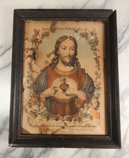 Lot 051 - Antique Hand Colored Lithograph Print Of The Sacred Heart Of Jesus, Lithographed By Olivier-Pinot, Note Very Heavy Wear, Losses, In Frame Behind Glass 