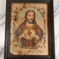 Lot 051 - Antique Hand Colored Lithograph Print Of The Sacred Heart Of Jesus, Lithographed By Olivier-Pinot, Note Very Heavy Wear, Losses, In Frame Behind Glass