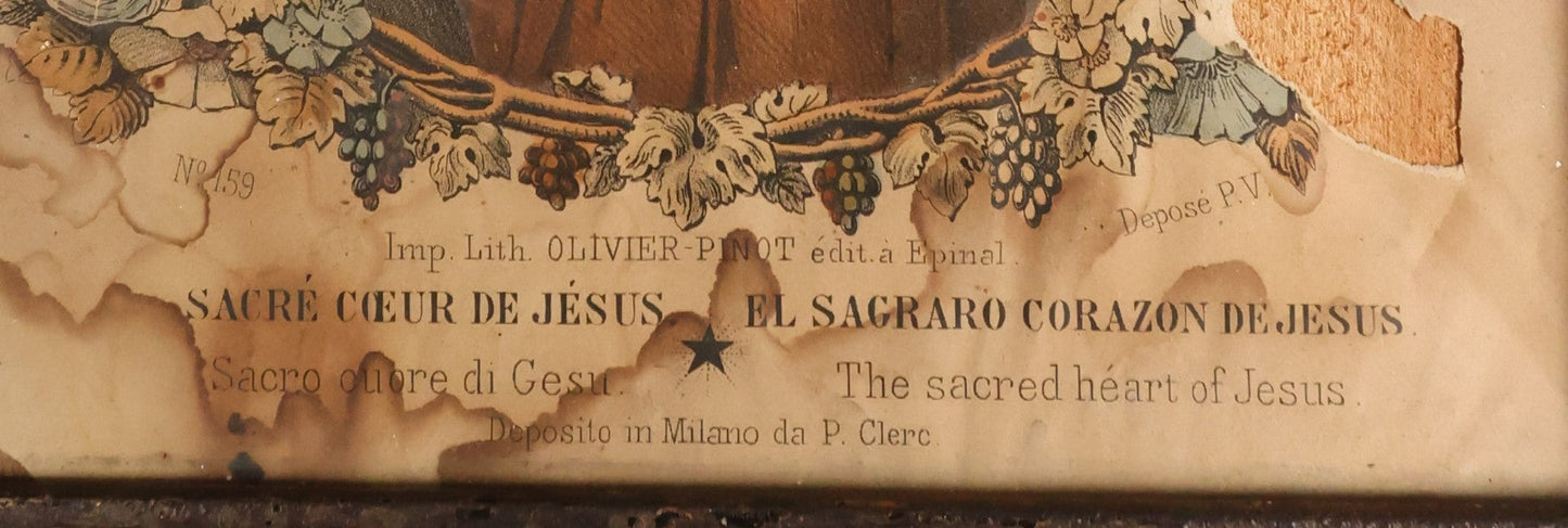 Lot 051 - Antique Hand Colored Lithograph Print Of The Sacred Heart Of Jesus, Lithographed By Olivier-Pinot, Note Very Heavy Wear, Losses, In Frame Behind Glass 
