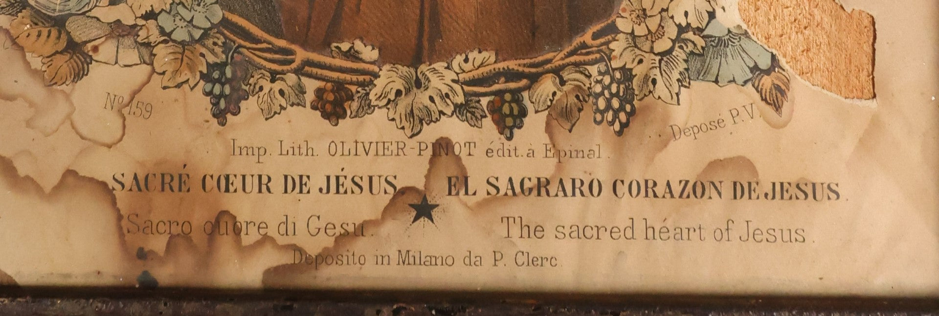 Lot 051 - Antique Hand Colored Lithograph Print Of The Sacred Heart Of Jesus, Lithographed By Olivier-Pinot, Note Very Heavy Wear, Losses, In Frame Behind Glass 