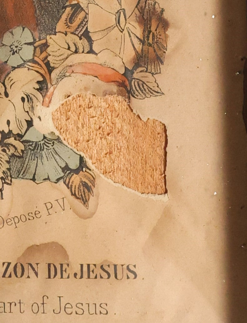 Lot 051 - Antique Hand Colored Lithograph Print Of The Sacred Heart Of Jesus, Lithographed By Olivier-Pinot, Note Very Heavy Wear, Losses, In Frame Behind Glass 