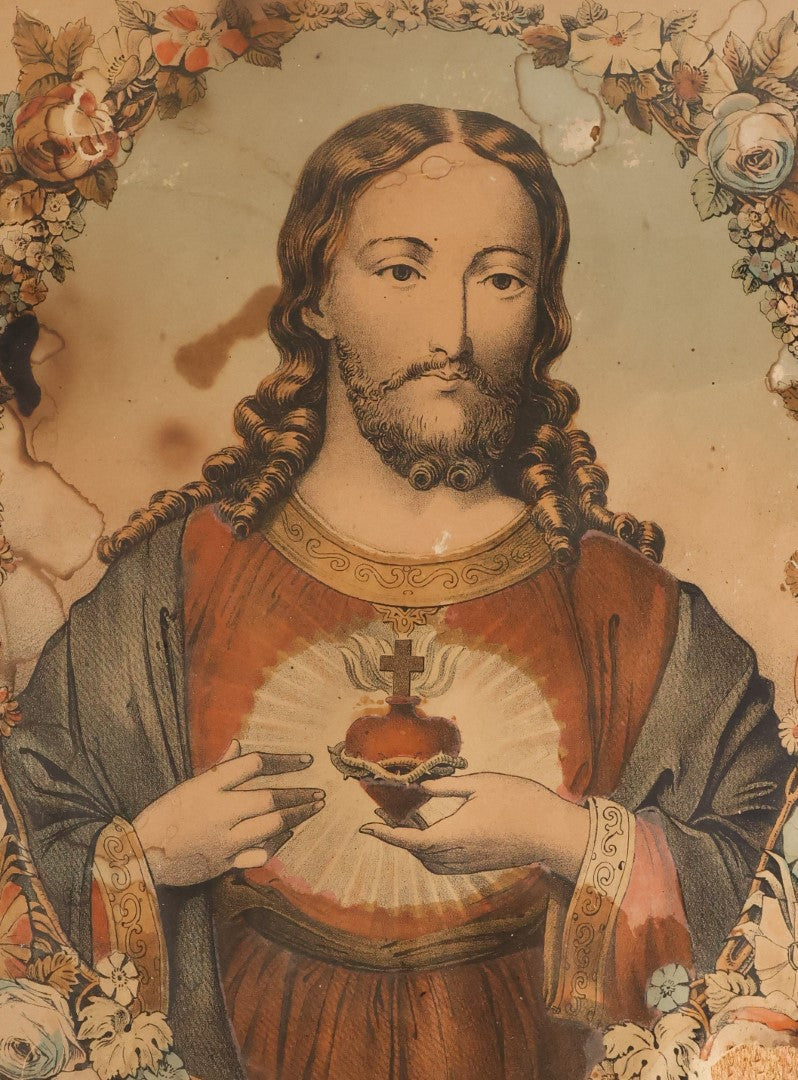 Lot 051 - Antique Hand Colored Lithograph Print Of The Sacred Heart Of Jesus, Lithographed By Olivier-Pinot, Note Very Heavy Wear, Losses, In Frame Behind Glass 