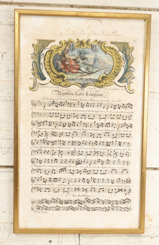 Lot 058 - Antique Hand Colored Sheet Music Engraving, "Northern Lad's Complaint" Sung By Mrs. Vincent, One Of Four Engraved Plates Presented To Duke Of Atholl, In Frame, Circa Late 18th Century