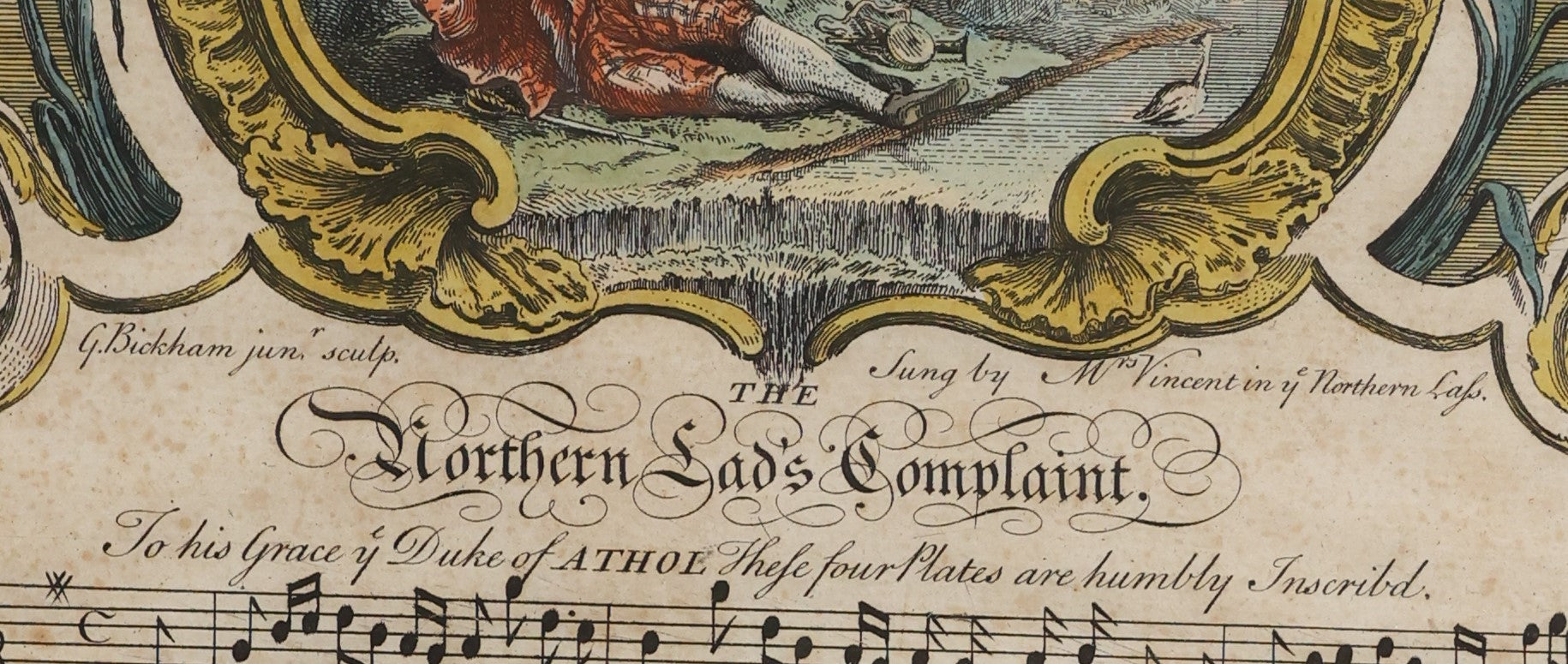 Lot 058 - Antique Hand Colored Sheet Music Engraving, "Northern Lad's Complaint" Sung By Mrs. Vincent, One Of Four Engraved Plates Presented To Duke Of Atholl, In Frame, Circa Late 18th Century