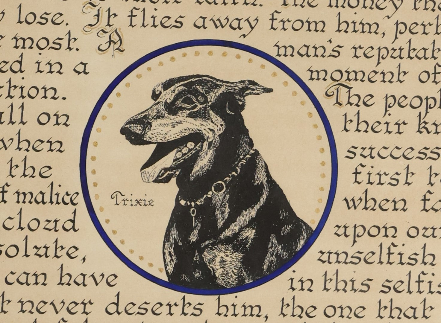 Lot 059 - Vintage Framed Dog Memorial, "Eulogy To A Dog" In Memory Of Trixie, A Doberman, Presented To Vic Richardson From His Many Friends, May 15, 1955, Framed