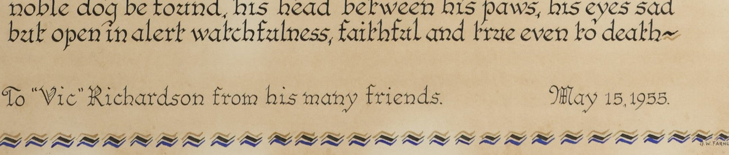 Lot 059 - Vintage Framed Dog Memorial, "Eulogy To A Dog" In Memory Of Trixie, A Doberman, Presented To Vic Richardson From His Many Friends, May 15, 1955, Framed