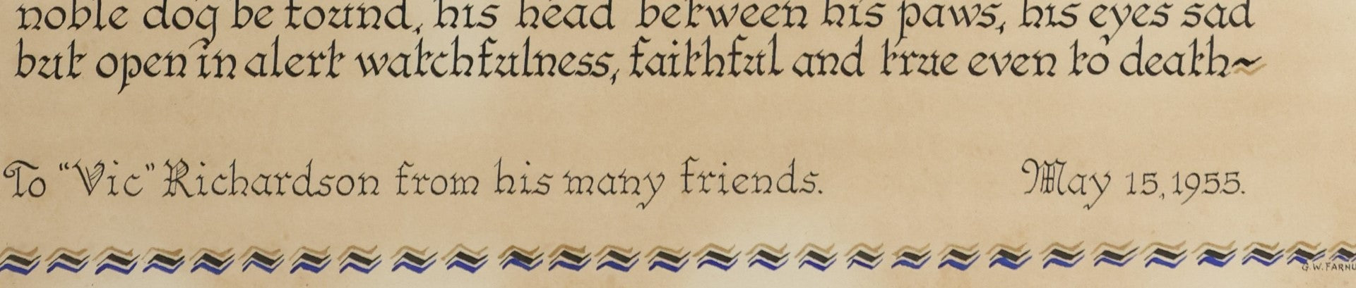 Lot 059 - Vintage Framed Dog Memorial, "Eulogy To A Dog" In Memory Of Trixie, A Doberman, Presented To Vic Richardson From His Many Friends, May 15, 1955, Framed