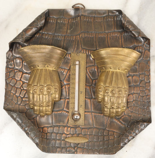 Lot 064 - Antique Thermometer, Match Safe, And Match Strike With Knight's Armored Gauntlets, Wall Hanger, In Metal