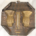 Lot 064 - Antique Thermometer, Match Safe, And Match Strike With Knight's Armored Gauntlets, Wall Hanger, In Metal