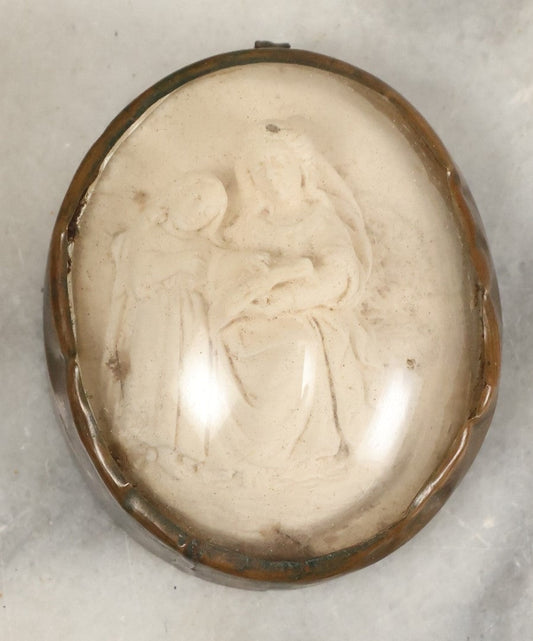 Lot 066 - Antique Small Carved Meerschaum Relief Pendant Behind Bubble Glass, Likely Depicts Saint Anne And Mary